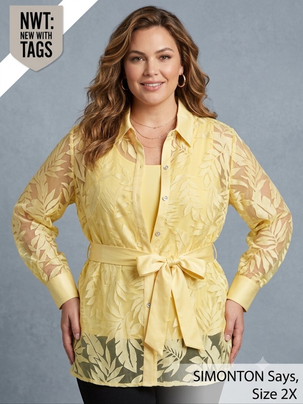 Yellow Sheer Leaf-Pattern Button Front Blouse - Lightweight Elegant Top